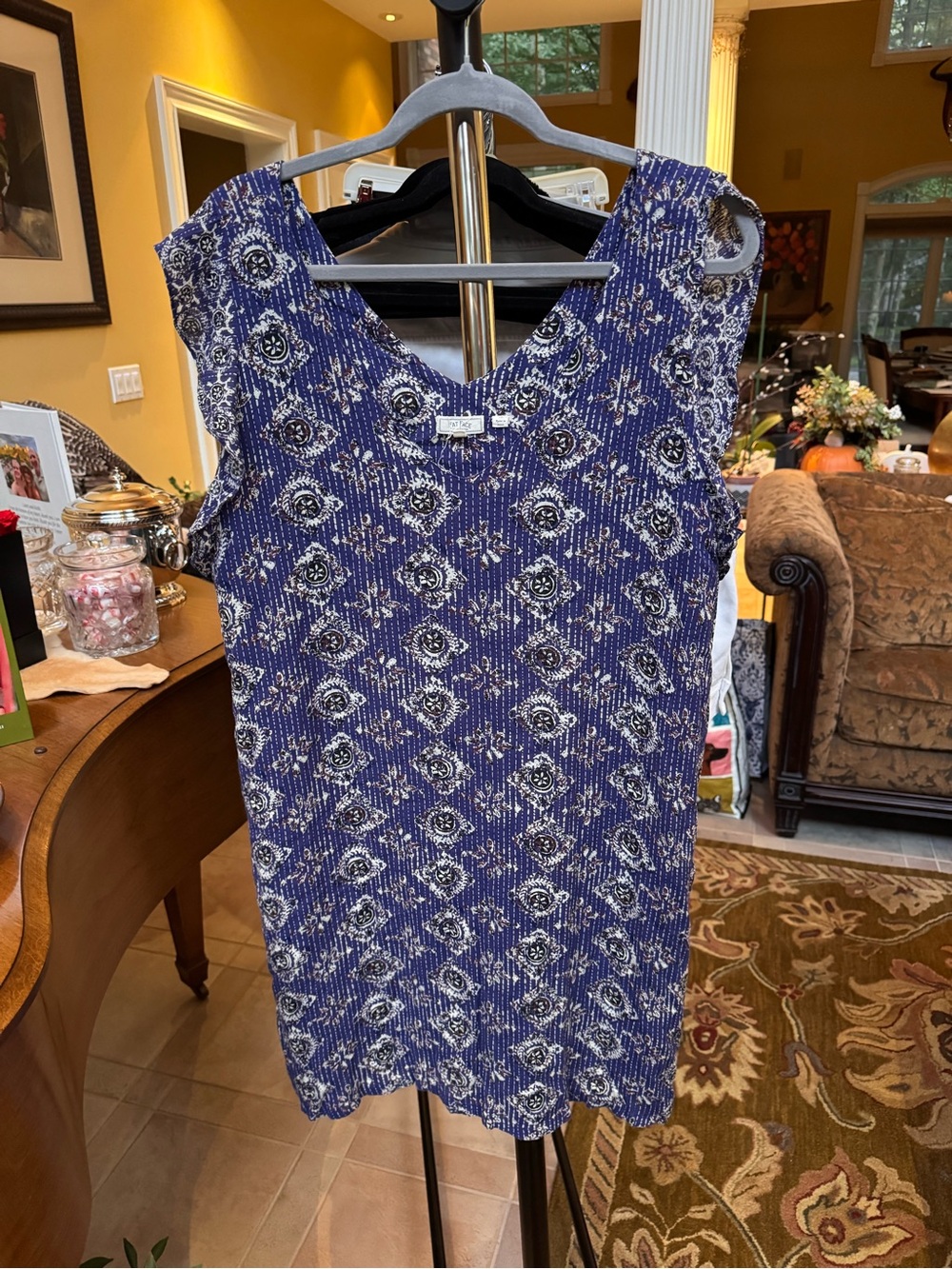 Fat Face Blue Floral Print V-Neck Dress